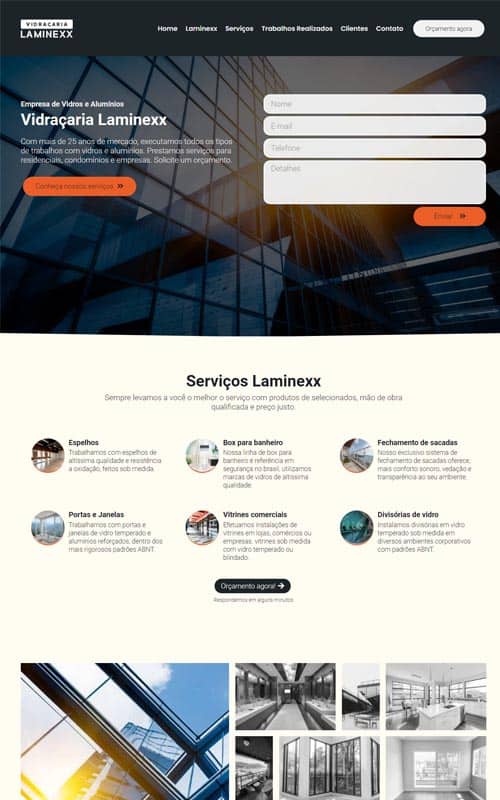 Modelo de site para vidraçarias e empresas de vidros, alumínios e box